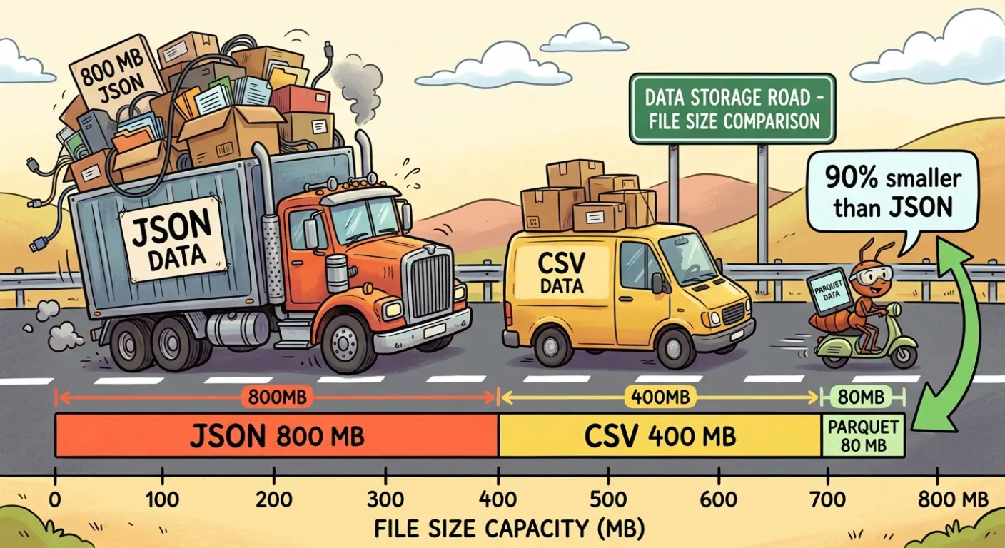File sizes: 1 million rows stored as JSON (800MB), CSV (400MB), and Parquet (80MB) showing Parquet is 90% small
